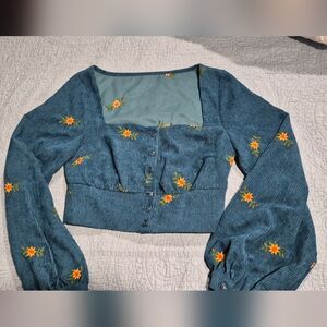 Cider Teal Cardigan with Floral Accents